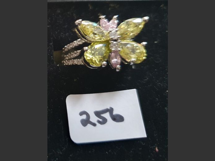 SILVER BUTTERFLY DRESS RING WITH YELLOW, PINK & CLEAR STONES