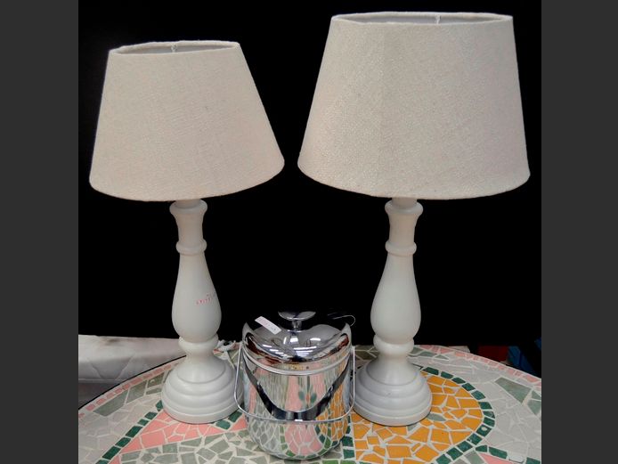 PAIR WHITE PAINTED WOODEN LAMPS WITH SHADES, 54cm High, & A STAINLESS STEEL ICE BUCKET
