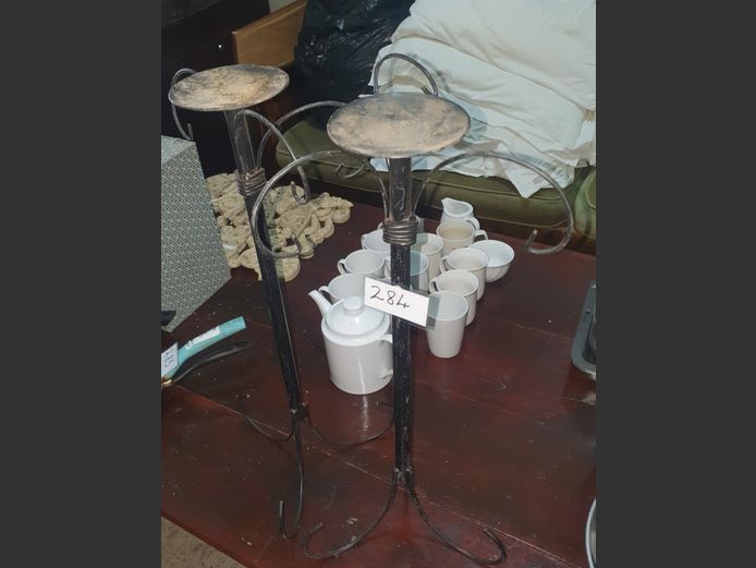 PAIR BLACK WROUGHT IRON CANDLE STANDS, 60cm High