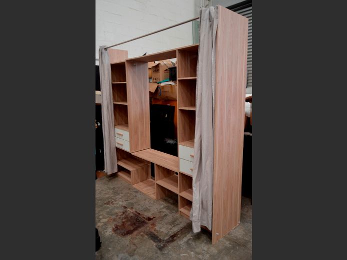 OAK FOIL ENTERTAINMENT UNIT, 223 x 50 x 219cm [Needs attention]