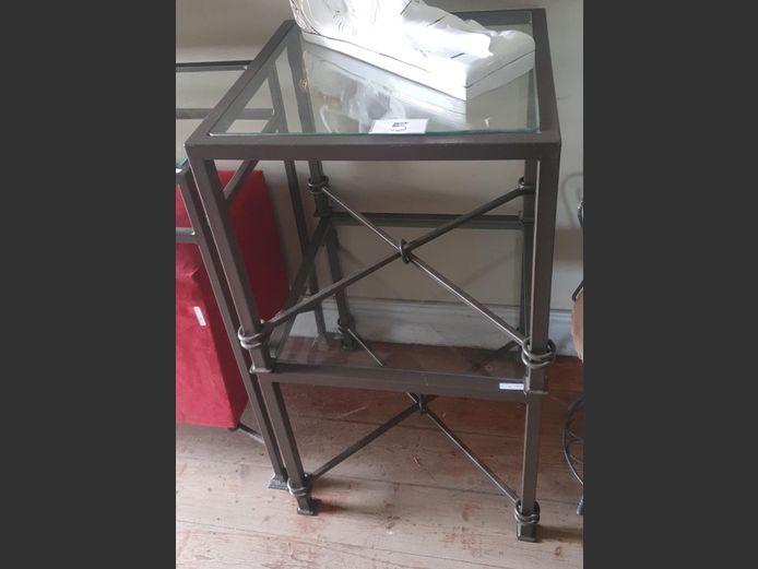 PAIR METAL & GLASS SIDE TABLES, 50cm Diameter x 46cm High