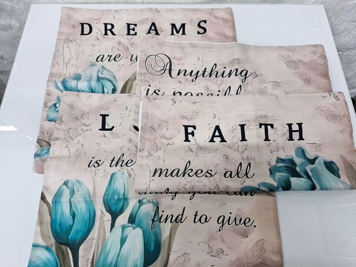 Set of 4 Teal Tulip Dreams, Faith & Love Cushion Covers 40x40cm