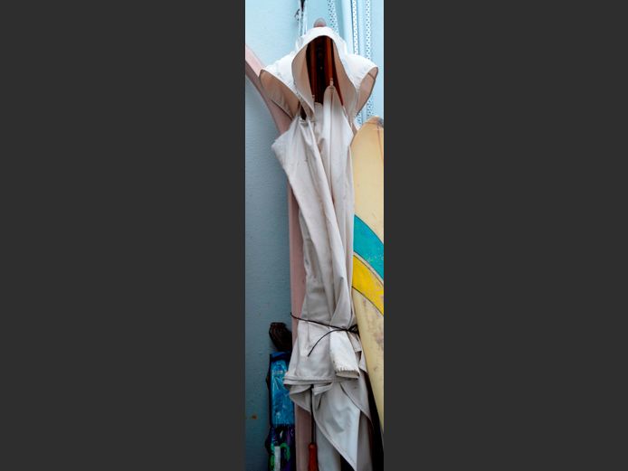 LARGE CREAM PATIO UMBRELLA [Some tears to canvas, NO Stand]