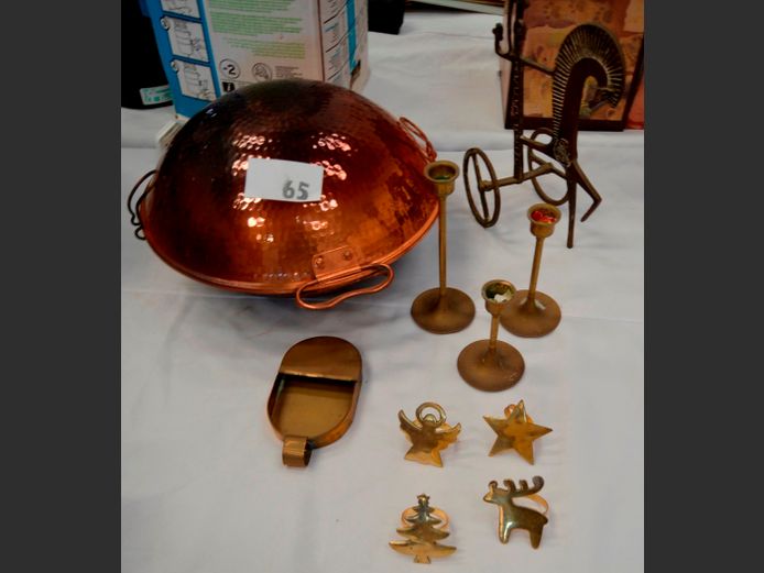 BEATEN COPPER POT, BRASS COIN SHAKER, BRASS CANDLESTICKS, etc