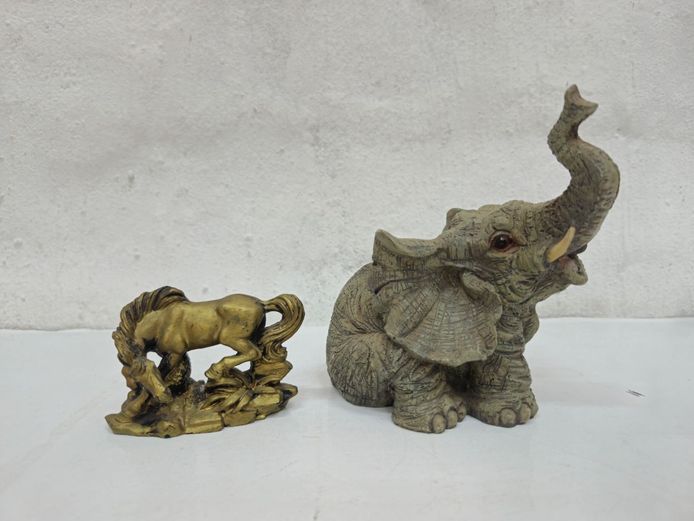Animal Sculptures: Antiqued Gilt Stallion & Resin Made Raised-Trunk Elephant