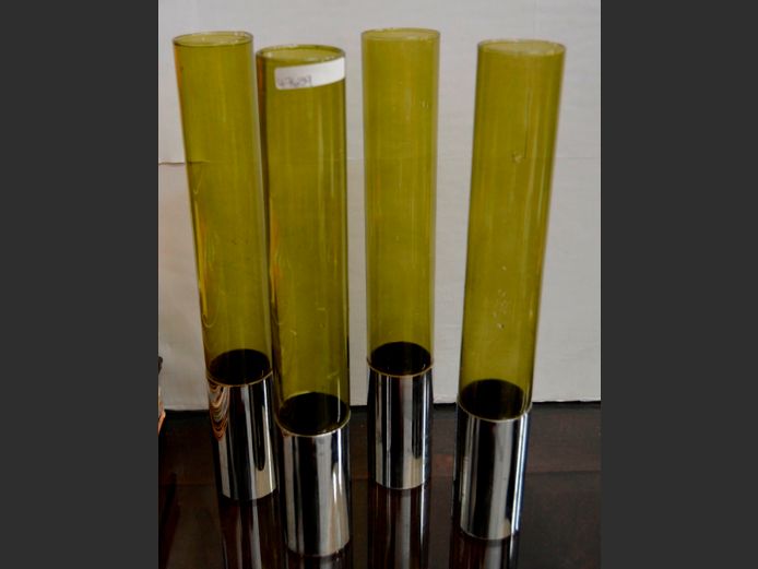 SET OF 4 GREEN & CHROME TUBULAR VASES, 34cm High