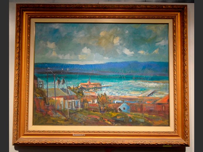 GILT FRAMED OIL ON CANVAS "SEASIDE VILLAGE", 78.5 x 60cm [In need of restoration]