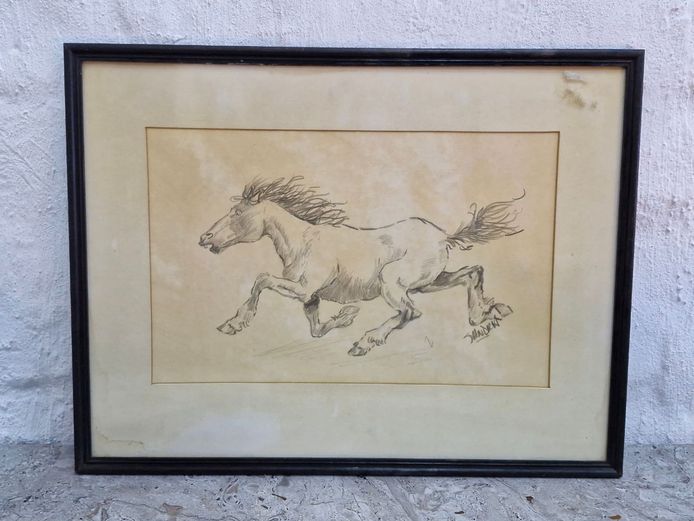 Framed Original Pencil Sketch of a Galloping Horse