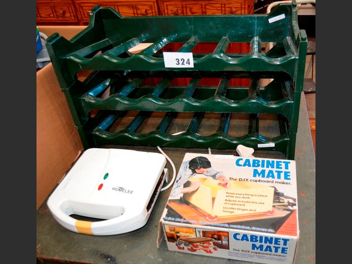 CABINET MATE, PLASTIC WINE RACK & A SNACKWICH TOASTER [Switches on, untested further]