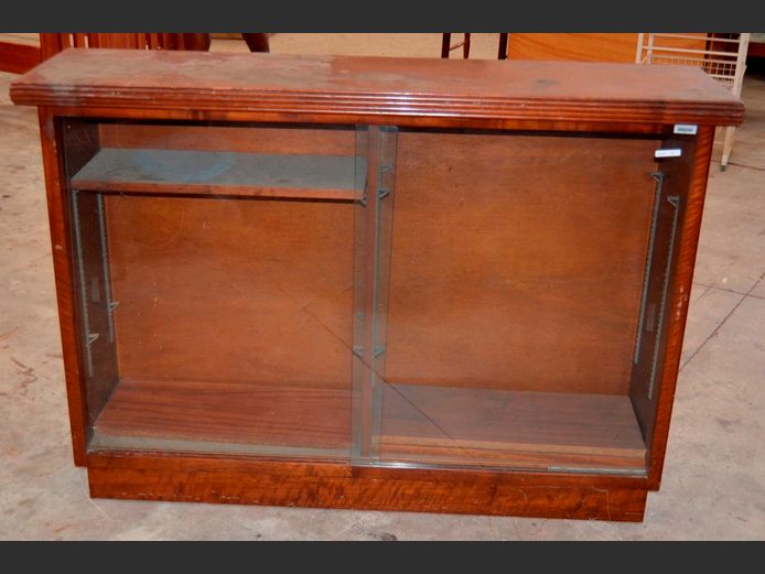 IMBUIA GLASS FRONT SLIDING DOOR DISPLAY CABINET, 136 x 36 x 95cm [Shelves needed]