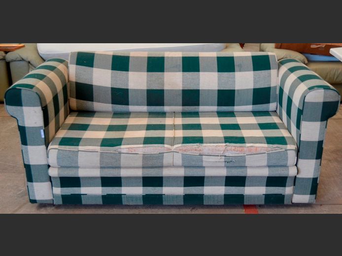 GREEN & WHITE UPHOLSTERED 2-SEATER SLEEPER COUCH, 180 x 80cm [Needs re-covering]
