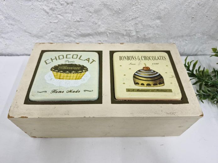 French Patisserie Style Distressed Wooden Storage Box with Inlaid Ceramic Dessert Tiles