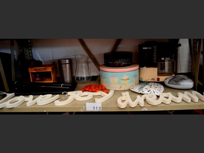 SALTON COFFEE PERCOLATOR, WALL ART, GLASS WATER JUG, COOKIE TINS, etc [Faulty] [18,20]