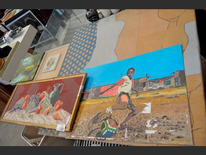 UNFRAMED OIL ON BOARD "BOY PLAYING SOCCER", etc