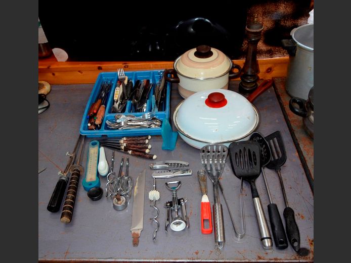 ENAMEL FRYING PAN, POT, CUTLERY, etc