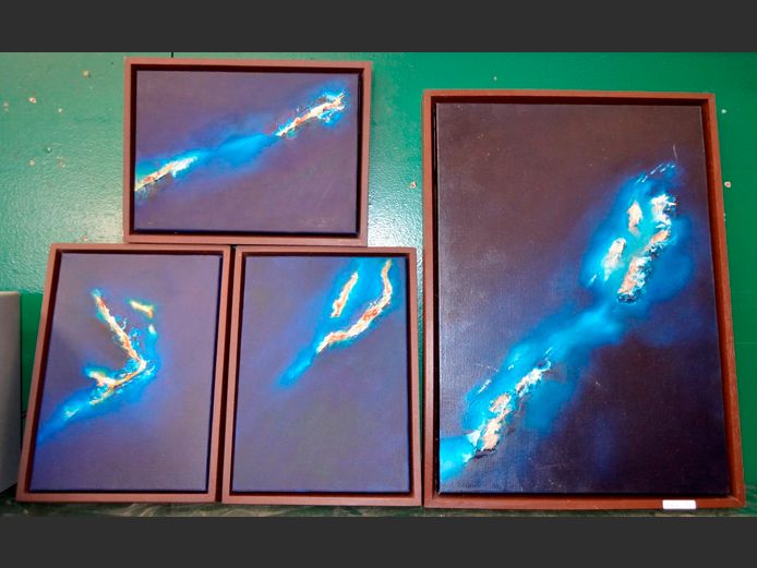 SET OF 4 DARK FRAMED ABSTRACTS ON CANVAS BY KRISTI MARIE, 59 x 42cm & 35 x 25.5cm