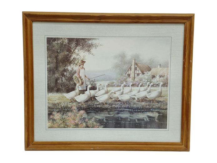 Vintage T.C. Chiu Framed Pastoral Art Print – "Girl with Geese"