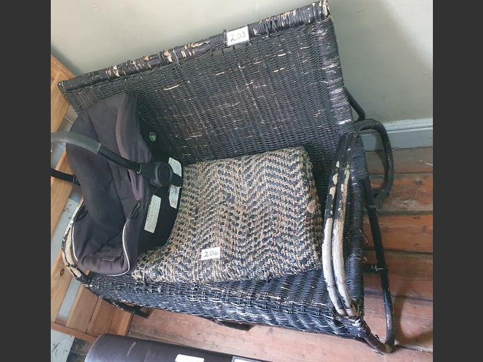 BLACK PAINTED CANE & RATTAN SUNROOM COUCH [Rattan needs replacing]