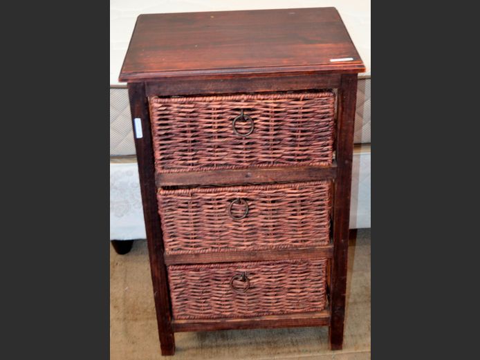 STAINED PINE 3 WICKER DRAWER PEDESTAL, 60 x 38 x 80cm