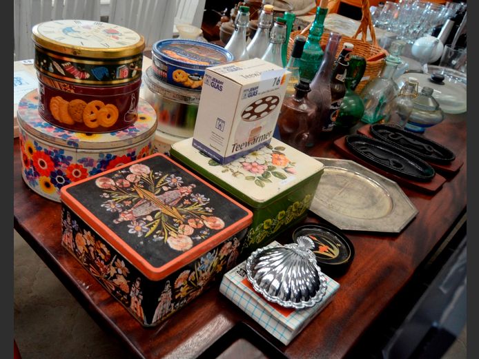 WOVEN BASKET, COLLECTABLE TINS, BOTTLES, etc