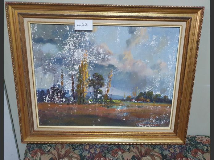 GILT FRAMED OIL ON BOARD "FARM SCENE", 60 x 44cm [Damaged]