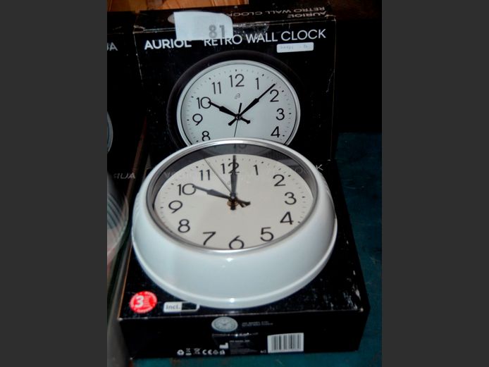PAIR AURIOL "RETRO" WALL CLOCKS, 24cm Diameter