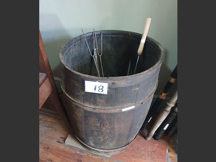 OAK METAL BOUND BARREL WITH CONTENTS, 40cm x 55cm 