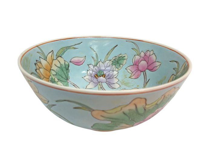 Chinese Ceramic Lotus Bowl – Powder Blue Famille Rose Style
