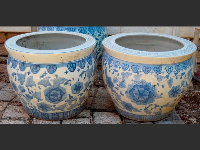 PAIR ORIENTAL STYLE PLANTERS, 30cm Diameter x 25cm High [1 damaged]