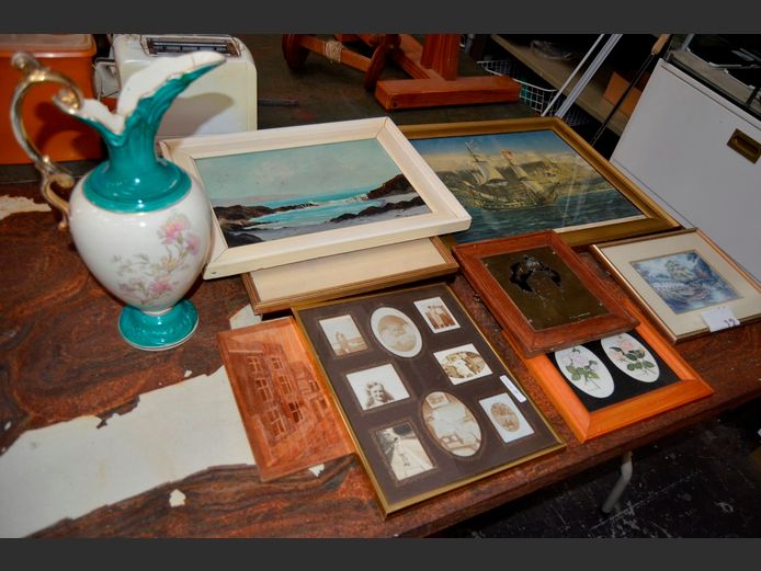 PORCELAIN URN [Chip to base], WOOD CUT, FRAMED PRINTS, etc