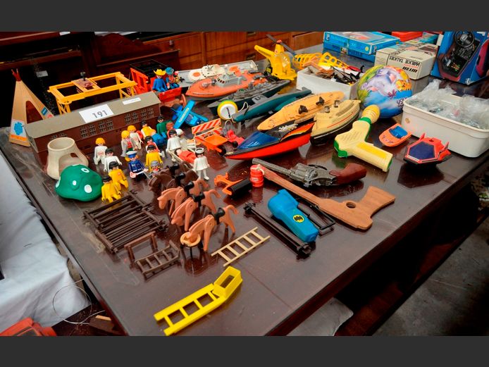 ASSORTED TOY BOATS, TOY GUNS, MARBLES, etc