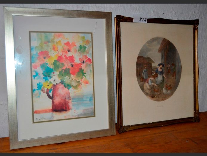 SILVER GILT FRAMED WATERCOLOUR "FLOWER IN VASE", 34 x 24cm, & A FRAMED VINTAGE PRINT, 30 x 25cm [1 Glass cracked]
