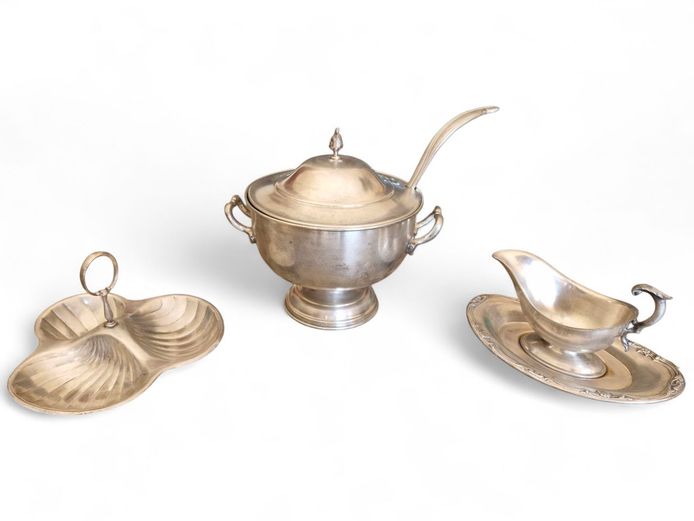 Vintage Silver-Plated Tureen, Gravy Boat & Tid Bit Tray