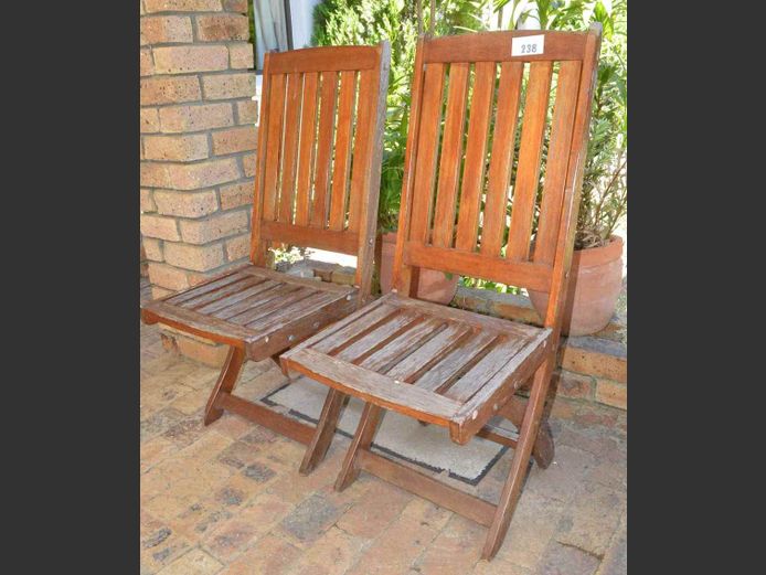 PAIR TEAK FOLDING PATIO CHAIRS [Need sanding & varnish]