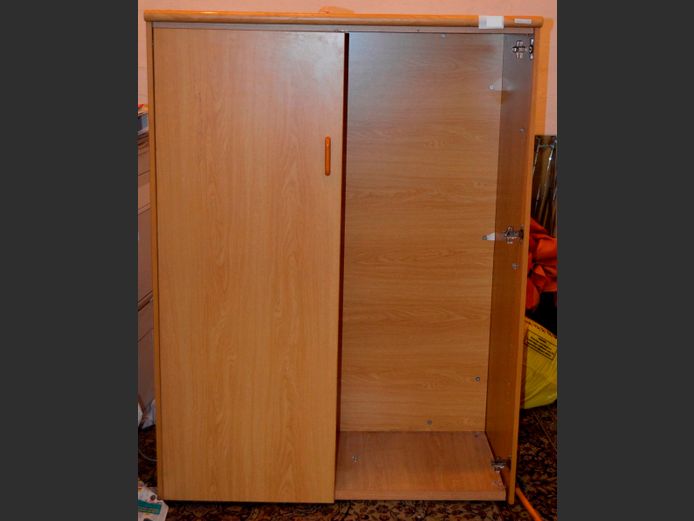 OAK FOIL 2-DOOR STATIONERY CABINET, 110 x 47 x 151cm [Damaged, door needed]