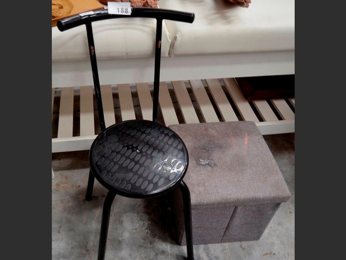 BLACK METAL CHAIR & A STORAGE OTTOMAN