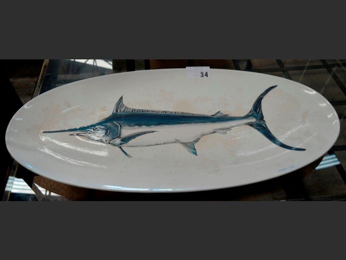 S.GRAFFITO STONEWARE OVAL PLATTER HAND PAINTED BY MARIE VAN DEN BERG "SWORDFISH", 82 x 39cm