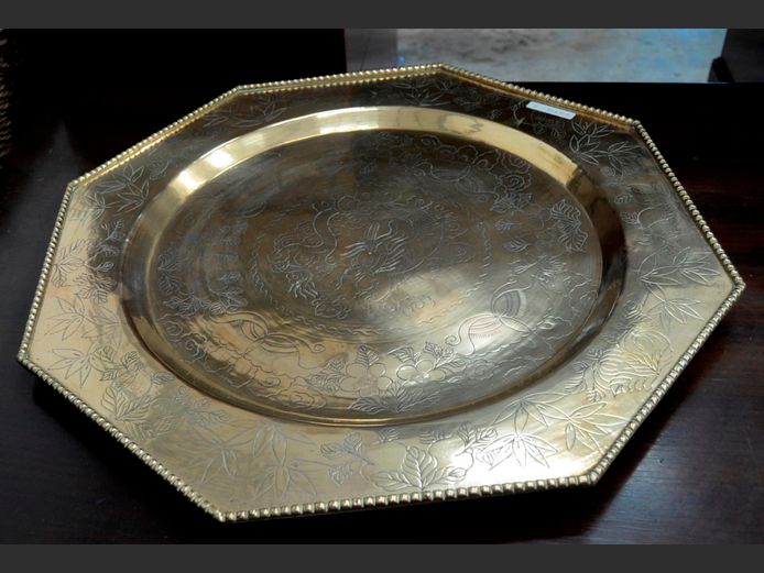 BRASS TRAY ENGRAVED WITH DRAGONS & FLORAL MOTIFS, 51.5cm x 51.5cm