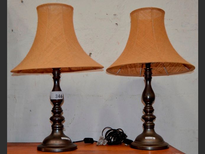 PAIR CHROME LAMPS WITH SHADES, 67cm High