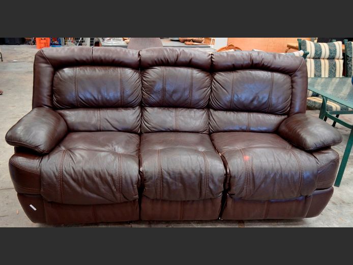 BROWN LEATHER UPPER 3-SEATER RECLINING COUCH, 210 x 90cm [Marks & peeling in places]