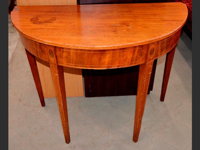 MAHOGANY INLAID HALF MOON TABLE, 90 x 46 x 67cm [In need of restoration]
