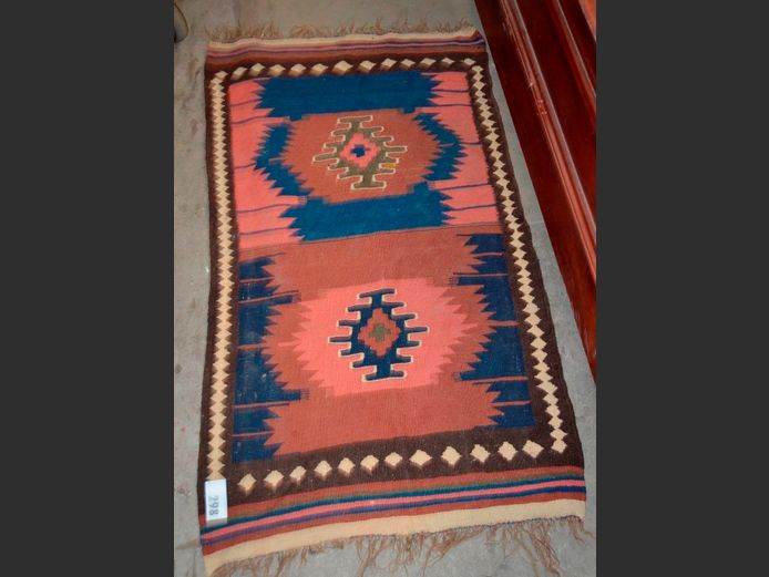 BROWN, BLUE & PINK KELIM RUG, 74 x 128cm