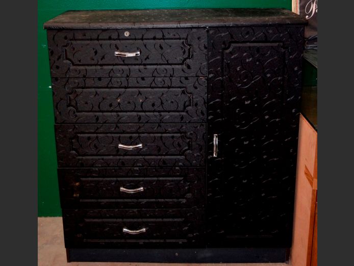 BLACK SINGLE DOOR, 5-DRAWER CABINET, 110 x 40 x 119cm