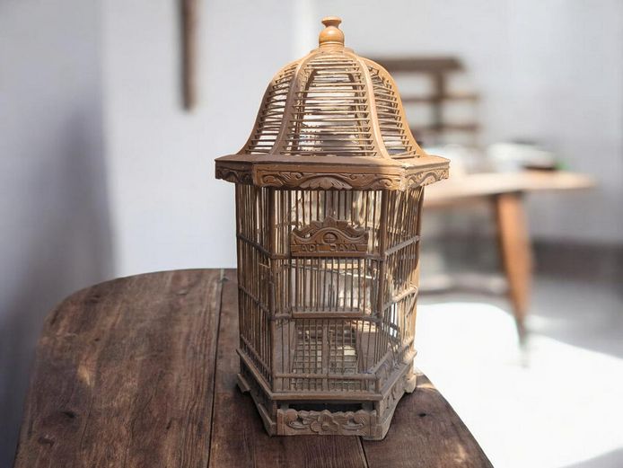 Vintage Wooden Birdcage with Carved Detail