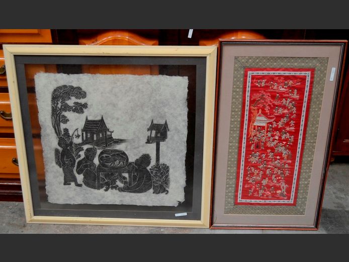 CHINESE SILK ART [Glass cracked] & FRAMED CHARCOAL ON HANDMADE PAPER, 54 x 24cm & 54 x 52cm