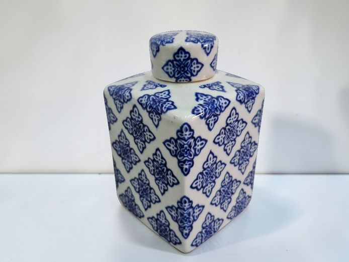 Small Blue and White Ceramic Square Ginger Jar