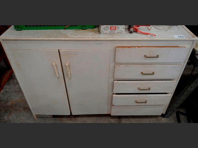 WHITE PAINTED 2-DOOR, 4-DRAWER CABINET, 129 x 52 x 92cm [Needs attention]