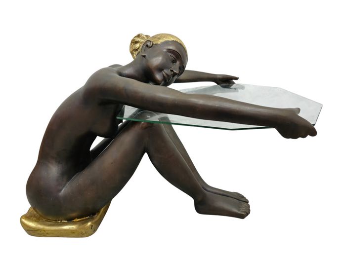 Art Deco Style Female Cast Brass Figural Sculpture Coffee Table with Glass Top