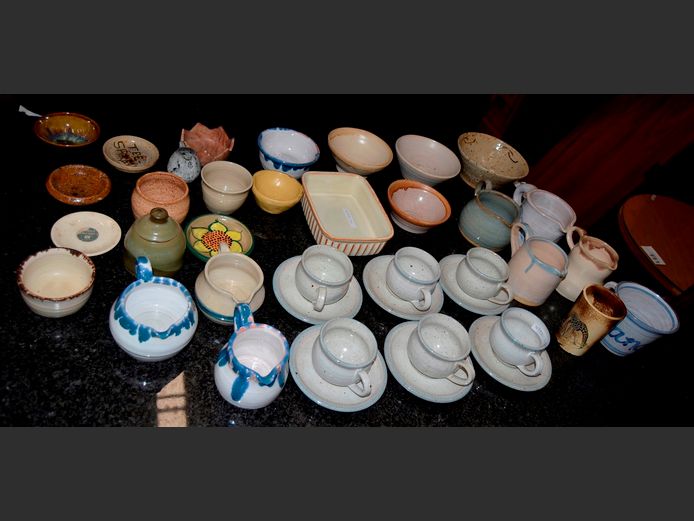 STONEWARE JUGS, BOWLS, CUPS, SAUCERS, etc