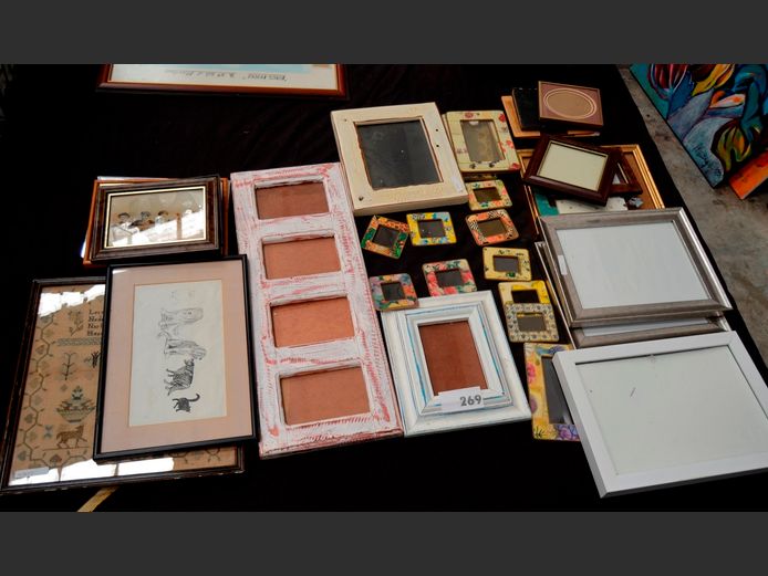 LOT: 2 x FRAMED NEEDLEPOINTS, PHOTO FRAMES, etc